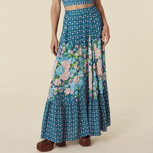 NWT Spell Womens Yellow Rose Maxi Skirt-Cornflower Front Slit Blue Size Small
